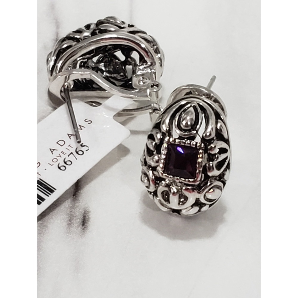 Vintage Lauren G Adams Silver tone Purple Crystal Filigree Earrings gothic witch